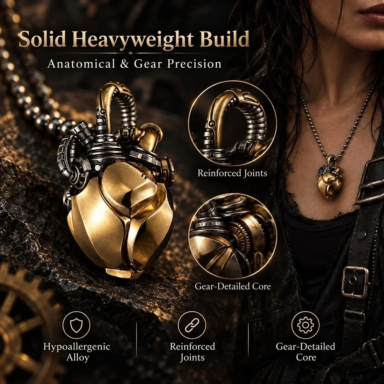 Steampunk Anatomical Heart Gear Pendant Necklace with Hypoallergenic Alloy Chain