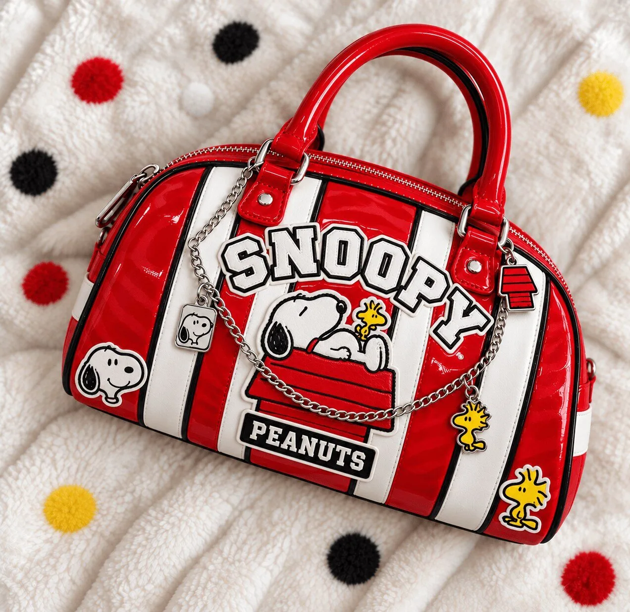 Snoopy Peanuts Red and White Striped Patent Leather Handbag