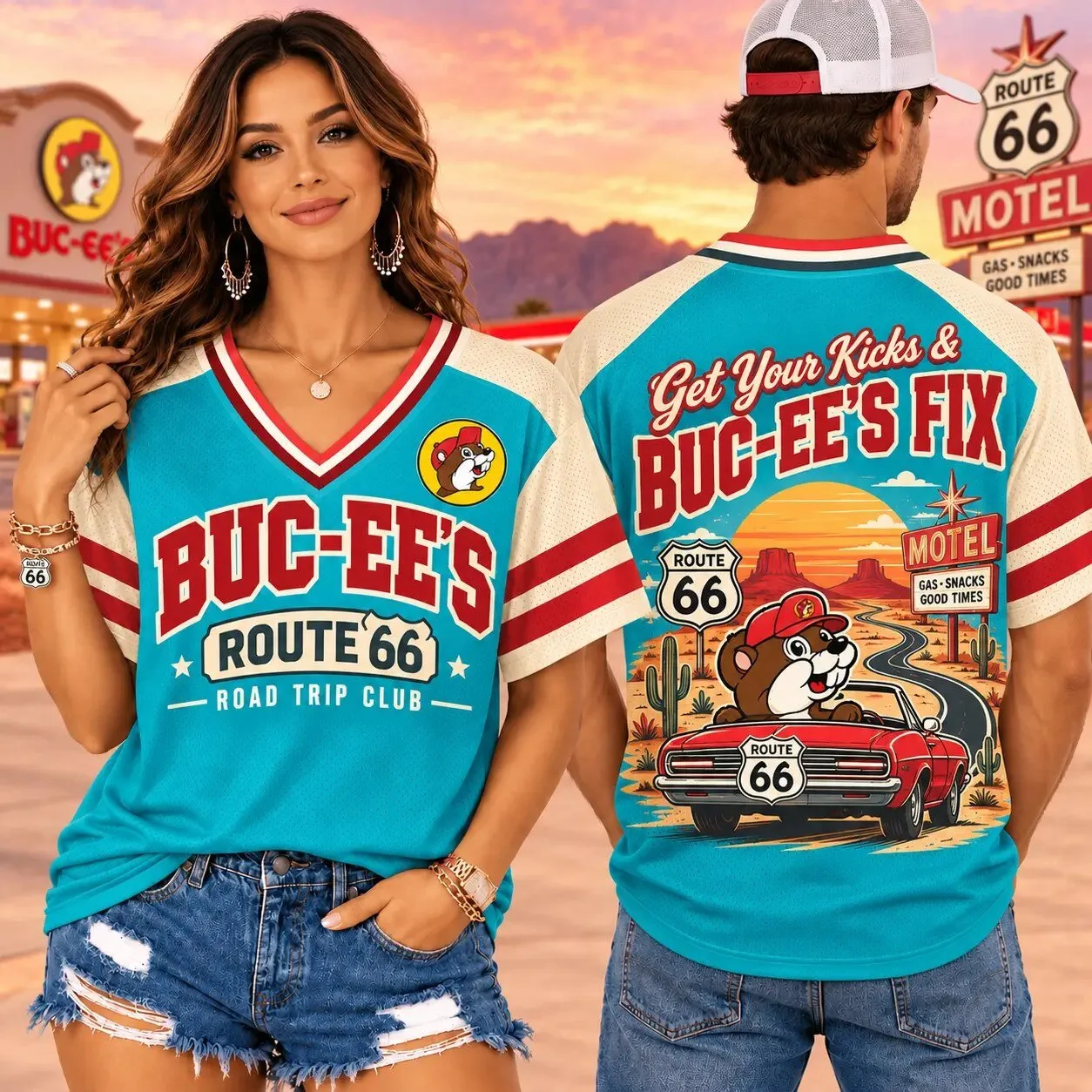 Buc-ee's Route 66 Road Trip Club V-Neck Baseball Jersey