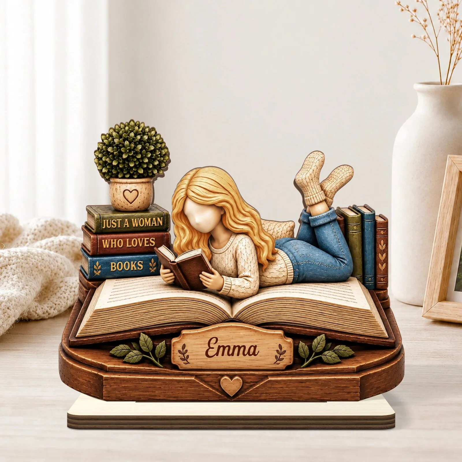 Personalized "Just a Woman Who Loves Books" Wooden Plaque with Flat Stand