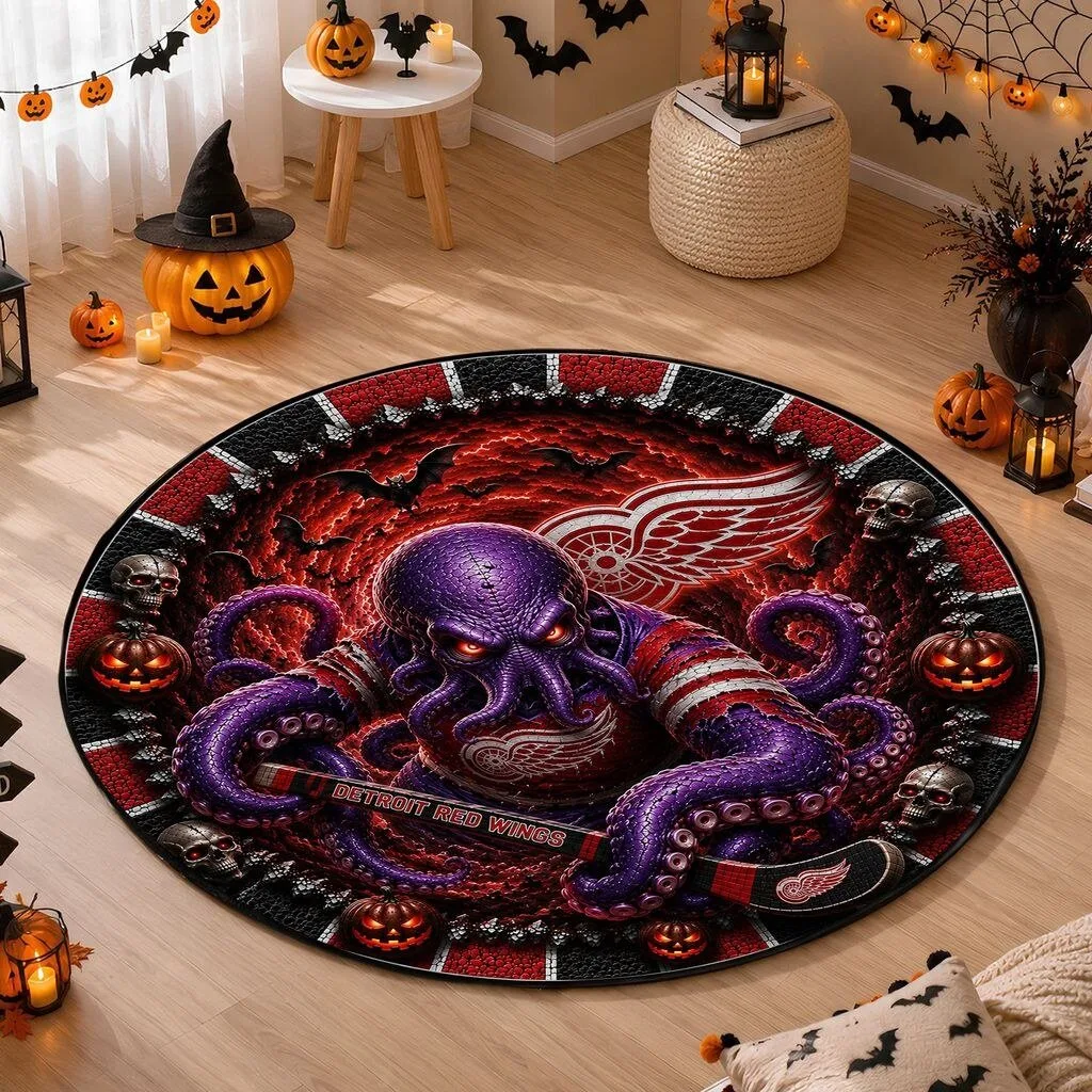 Detroit Red Wings Halloween Octopus Design Round Quilted Rug