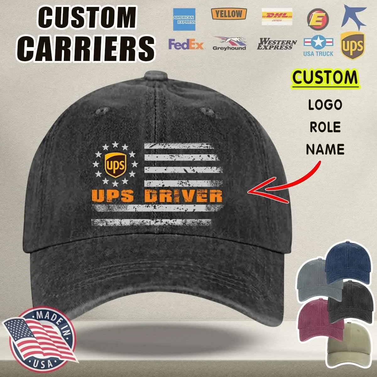 Custom UPS Driver American Flag Distressed Washed Cotton Baseball Cap Hat