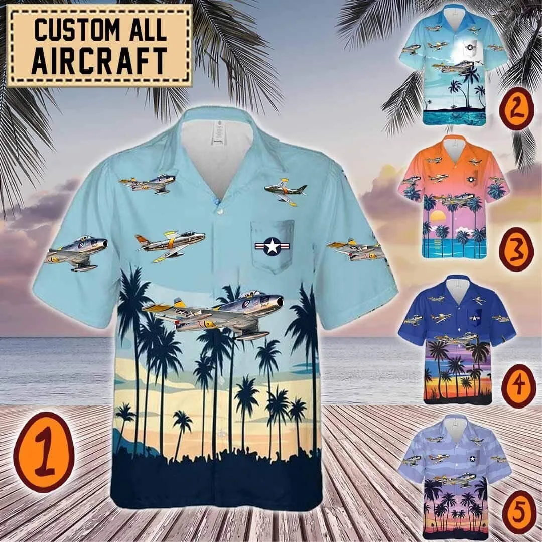 F-86 Sabre Fighter Jet Hawaiian Shirt with Palm Trees and Ocean Design