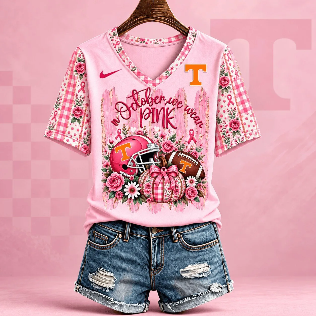Tennessee Volunteers In October We Wear Pink Breast Cancer Awareness V-Neck T-Shirt 1 Tennessee Volunteers In October We Wear Pink Breast Cancer Awareness V-Neck T-Shirt