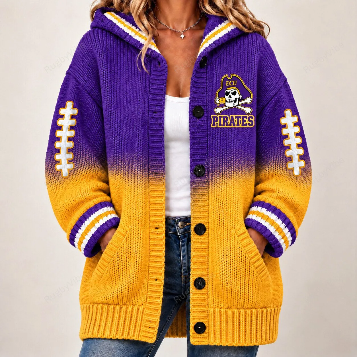 East Carolina Pirates Football Team Logo Ombre Knit Cardigan Hoodie