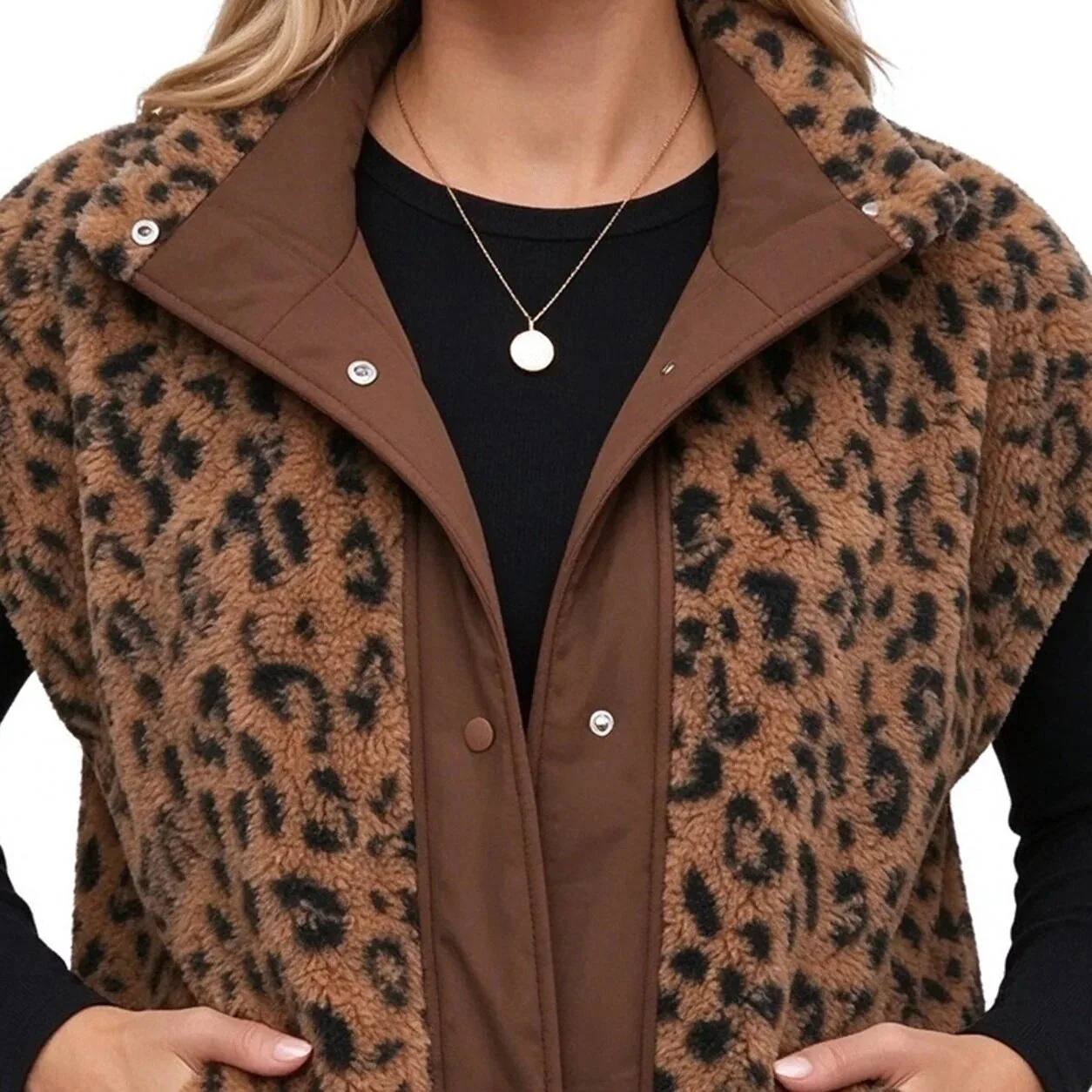 Women's Leopard Print Sherpa Fleece Vest with Pockets for Fall and Winter 17 women s leopard print sherpa fleece vest with pockets for fall and winter gallery 4
