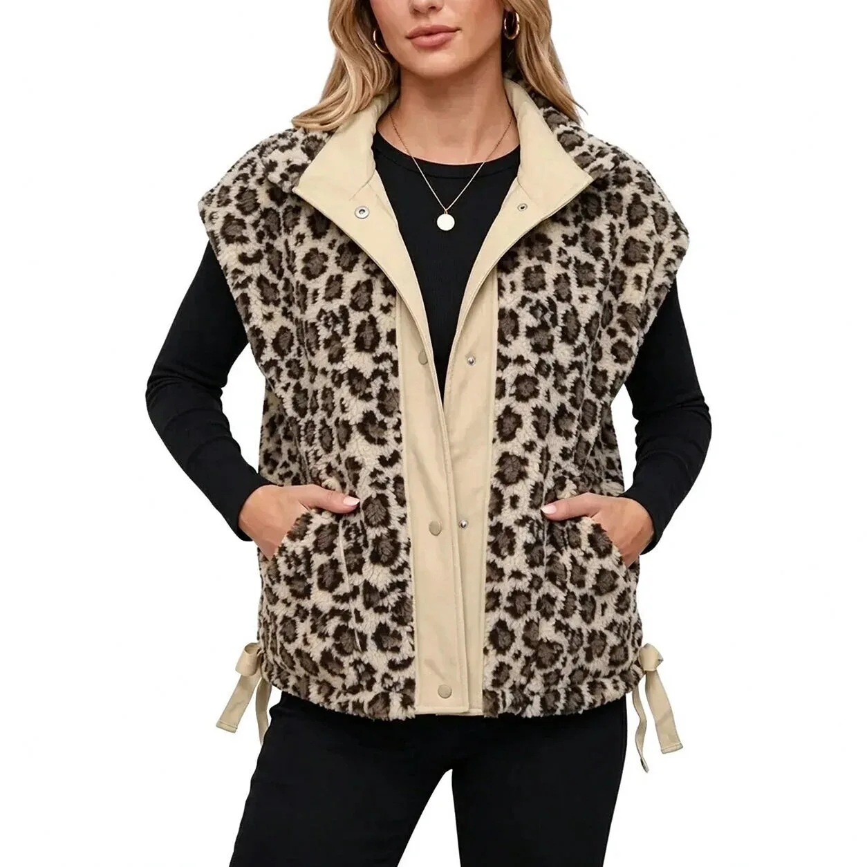 Women's Leopard Print Sherpa Fleece Vest with Pockets for Fall and Winter 18 women s leopard print sherpa fleece vest with pockets for fall and winter gallery 5