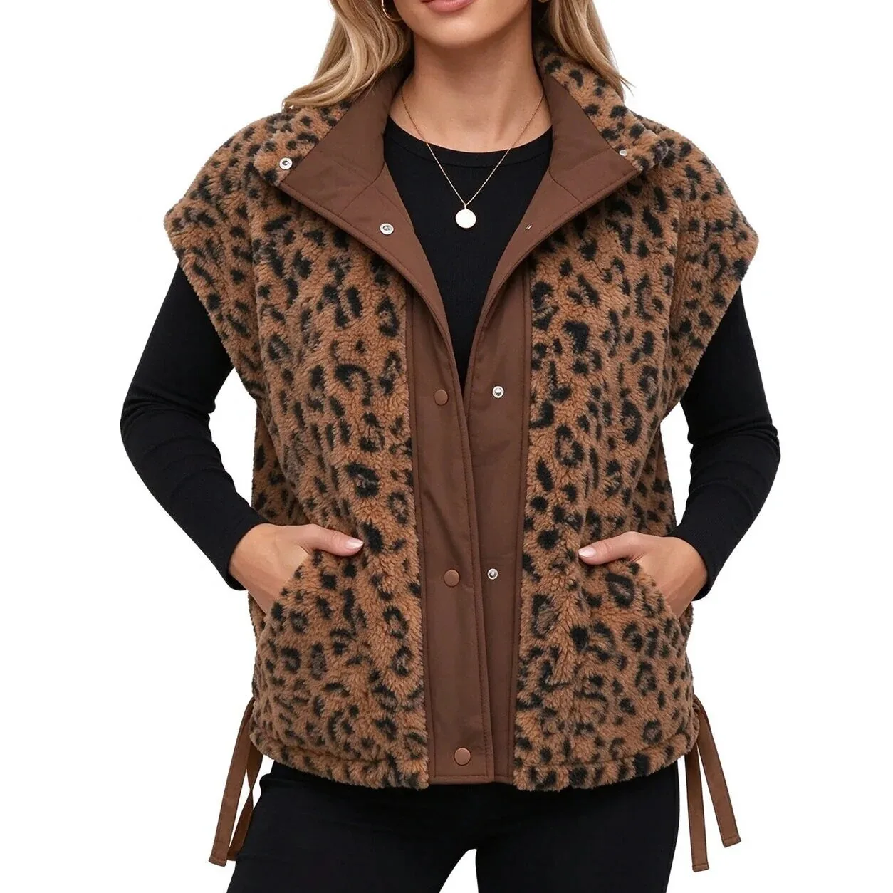 Women's Leopard Print Sherpa Fleece Vest with Pockets for Fall and Winter 19 women s leopard print sherpa fleece vest with pockets for fall and winter gallery 6