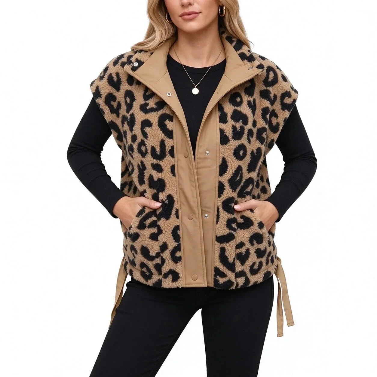 Women's Leopard Print Sherpa Fleece Vest with Pockets for Fall and Winter 20 women s leopard print sherpa fleece vest with pockets for fall and winter gallery 7