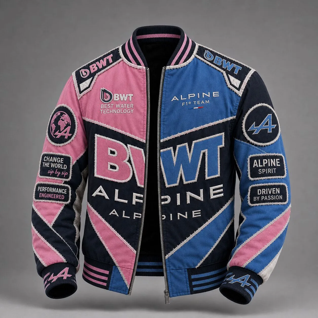 Alpine F1 Team Racing Bomber Jacket with Embroidered Logos 1 Alpine F1 Team Racing Bomber Jacket with Embroidered Logos