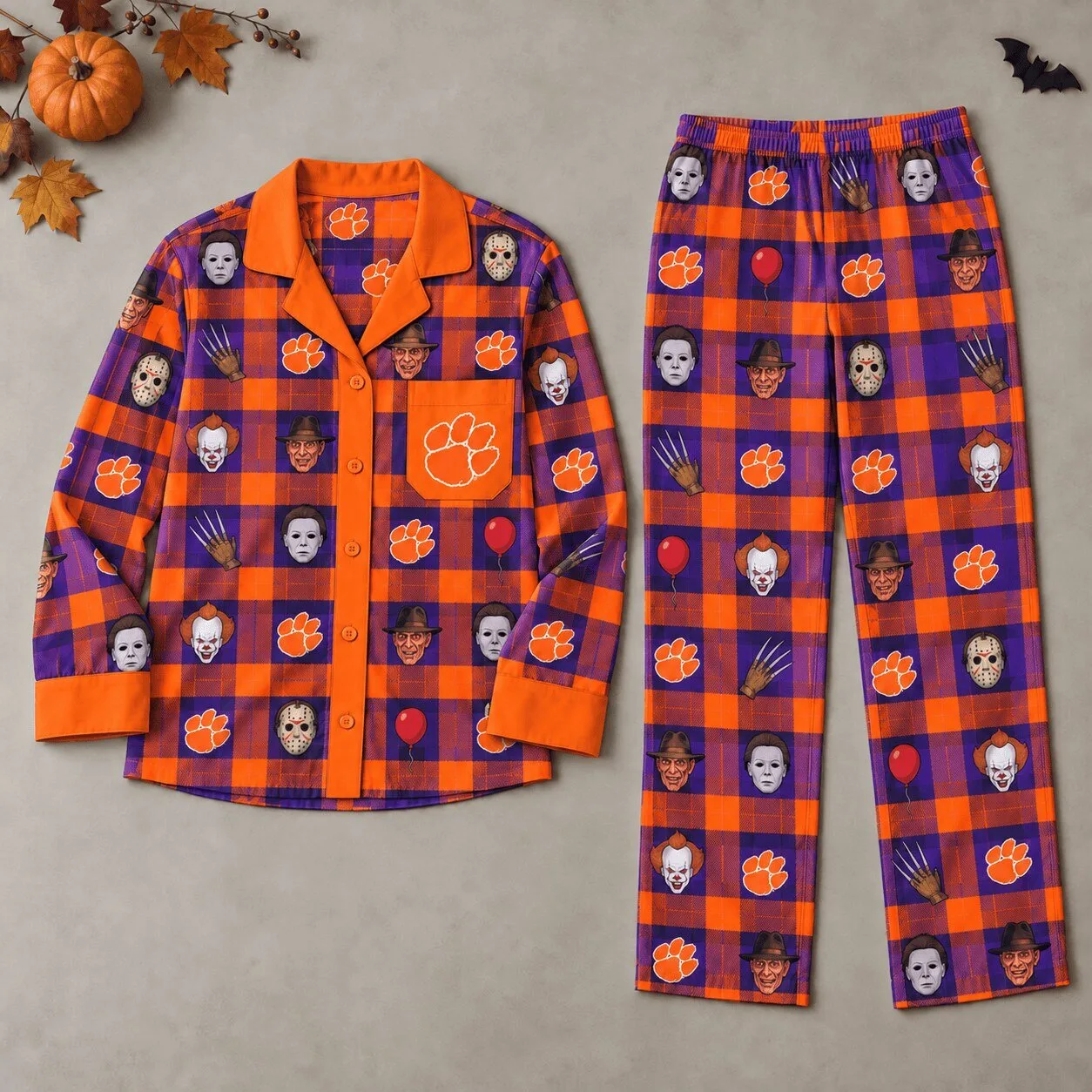 Clemson Tigers Halloween Horror Movie Characters Plaid Pajamas Set