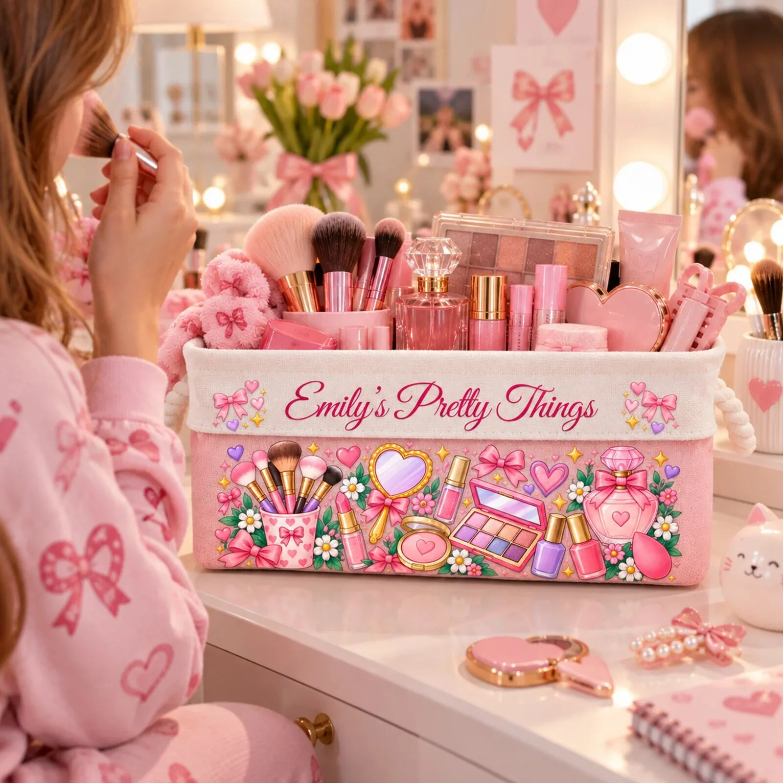 Personalized Makeup Storage Basket for Girls, Custom Pretty Things Organizer