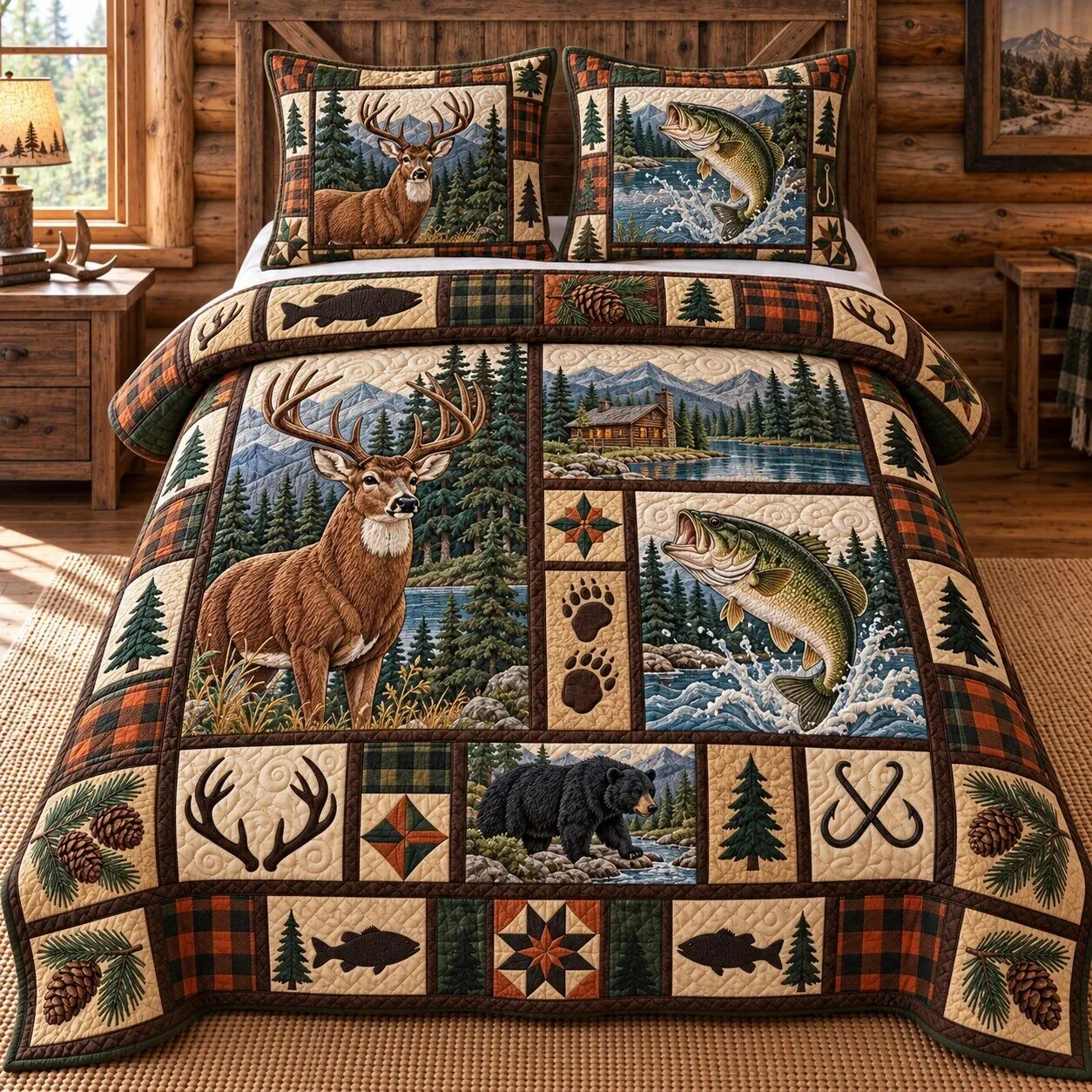Rustic Hunting Fishing Deer Bear Patchwork Quilted Bedding Set