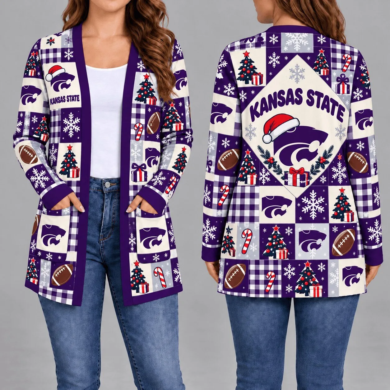 Kansas State Wildcats Christmas Holiday Open Front Cardigan Long Sleeve