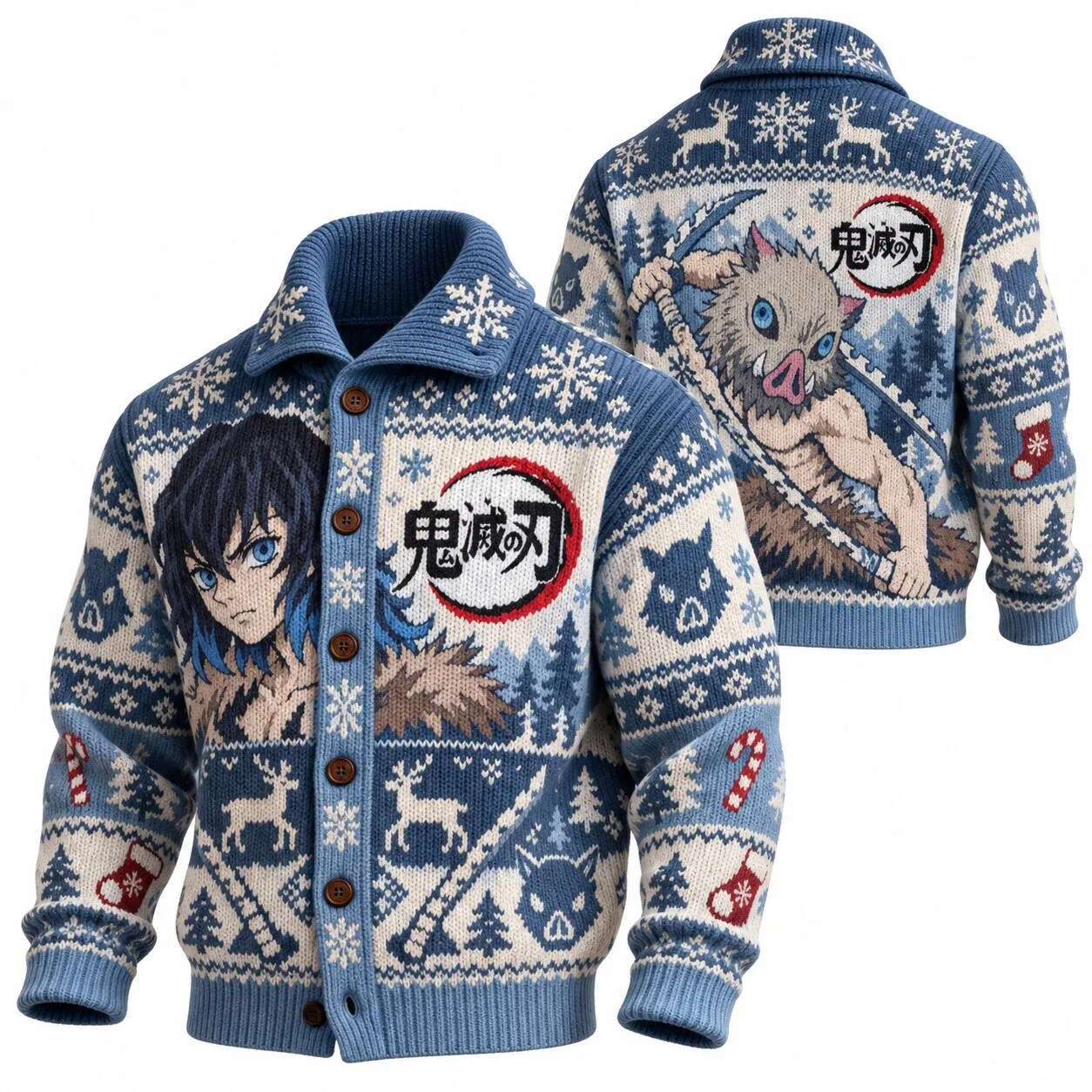 Demon Slayer Inosuke Hashibira Christmas Holiday Knitted Cardigan Sweater