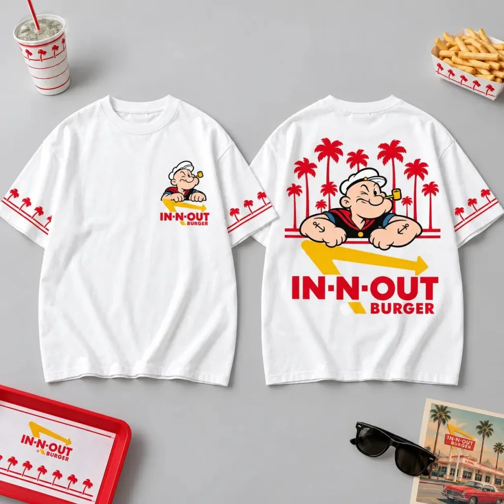 Popeye The Sailor Man In-N-Out Burger Palm Tree White Graphic T-Shirt Popeye The Sailor Man In-N-Out Burger Palm Tree White Graphic T-Shirt