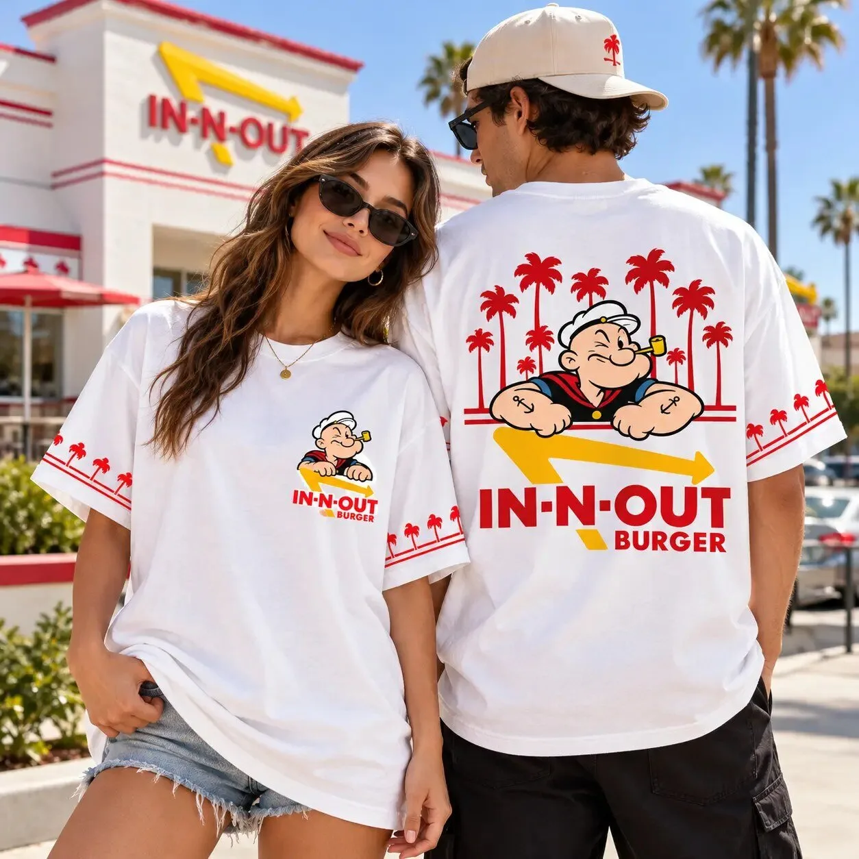 Popeye The Sailor Man In-N-Out Burger Palm Tree White Graphic T-Shirt 4 Popeye The Sailor Man In-N-Out Burger Palm Tree White Graphic T-Shirt