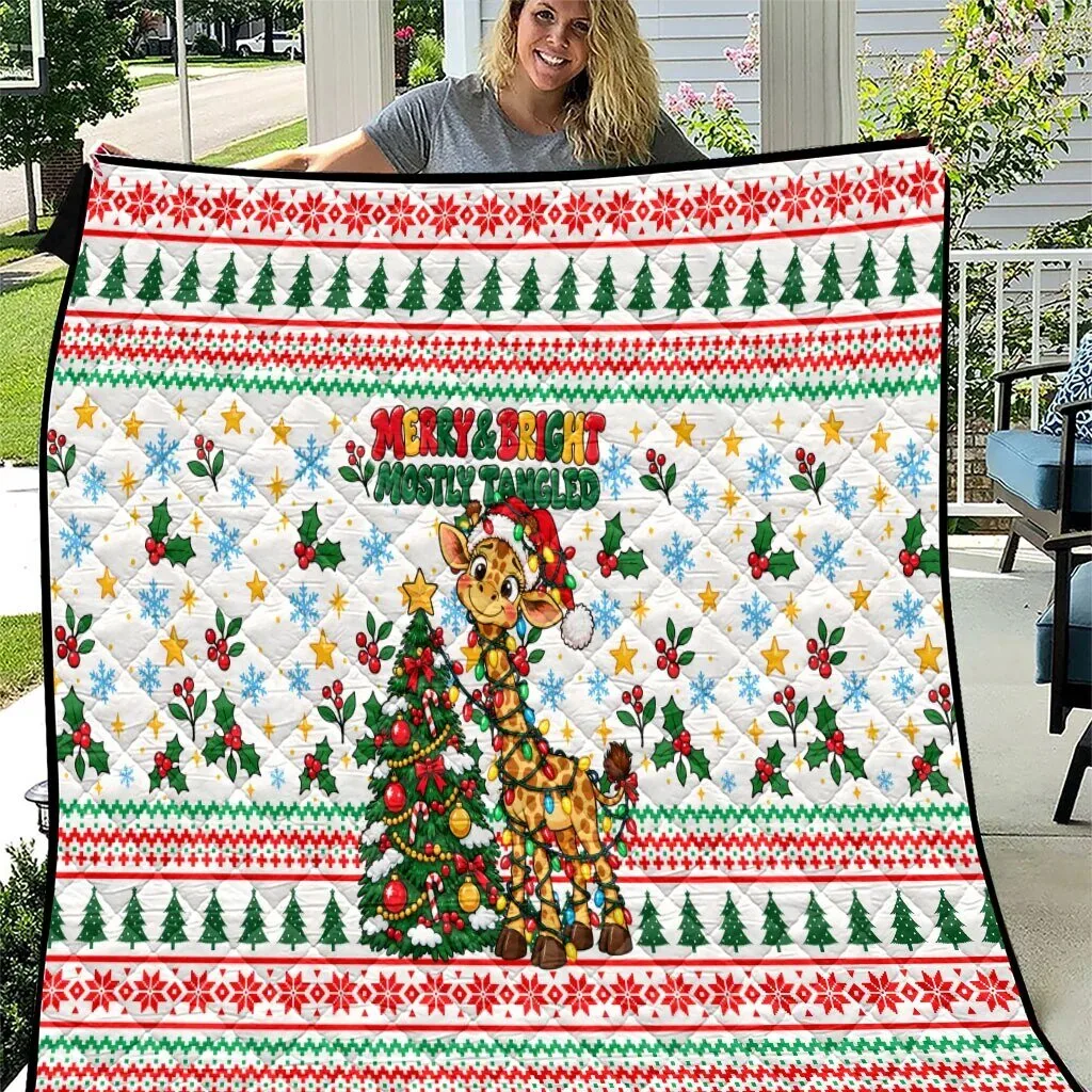 Christmas Giraffe Merry and Bright Mostly Tangled Holiday Quilted Blanket