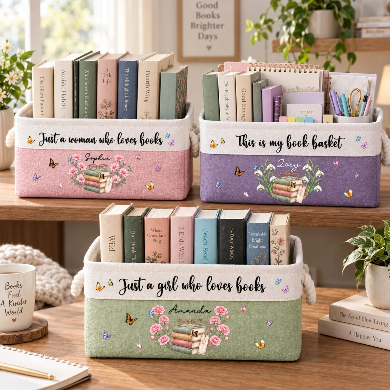 Personalized Just A Girl Who Loves Books Storage Basket with Custom Name and Birth Flower 8 Personalized Just A Girl Who Loves Books Storage Basket with Custom Name and Birth Flower