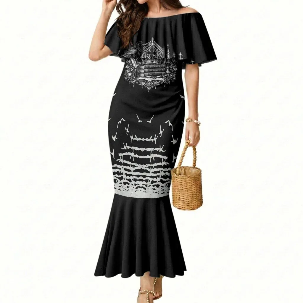 Dark Academia Raven Mermaid Off-Shoulder Gothic Literature Vintage Bookish Aesthetic Dress