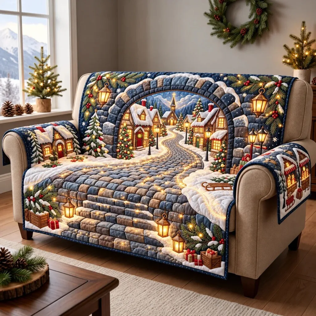 Snowy Christmas Village Quilted Sofa Cover for Winter Holiday Decor Snowy Christmas Village Quilted Sofa Cover for Winter Holiday Decor
