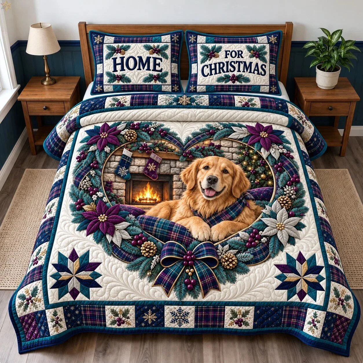 Golden Retriever Dog Home For Christmas Quilted Bedding Set