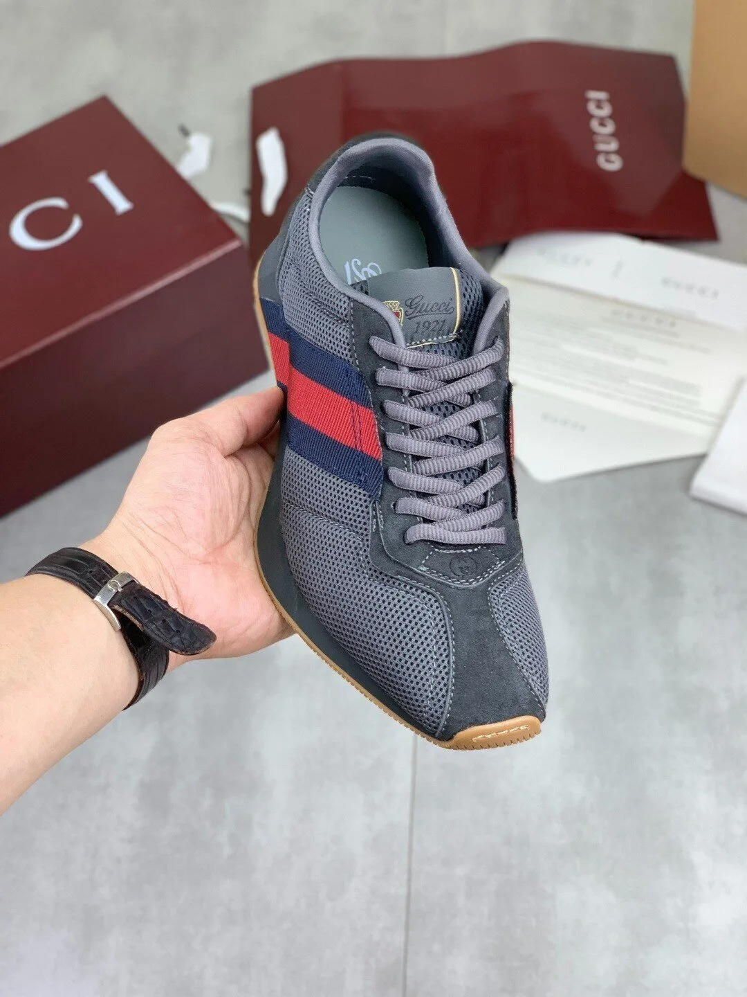 Gucci Grey Suede and Mesh Red Blue Stripe Low Top Sneakers