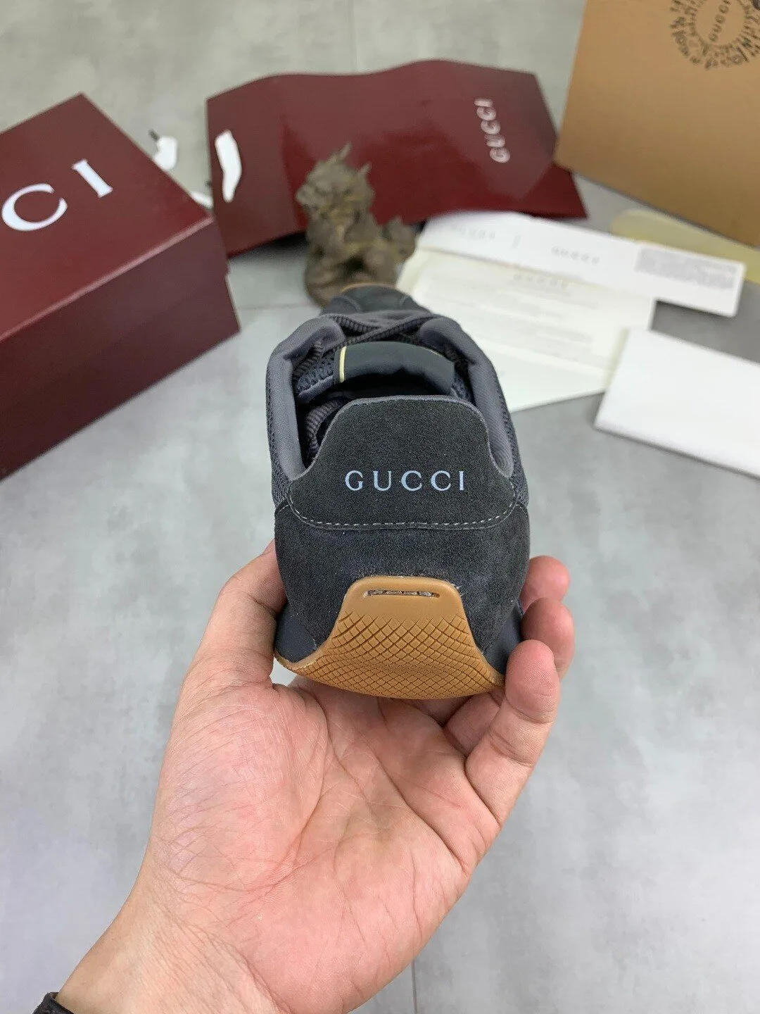 Gucci Grey Suede and Mesh Red Blue Stripe Low Top Sneakers 9 Gucci Grey Suede and Mesh Red Blue Stripe Low Top Sneakers