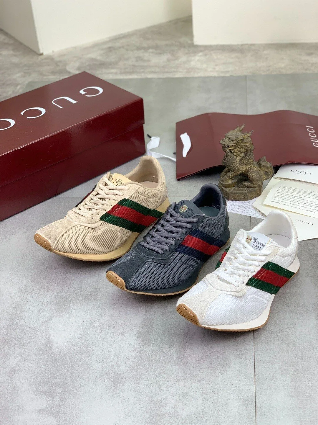 Gucci Grey Suede and Mesh Red Blue Stripe Low Top Sneakers 11 Gucci Grey Suede and Mesh Red Blue Stripe Low Top Sneakers