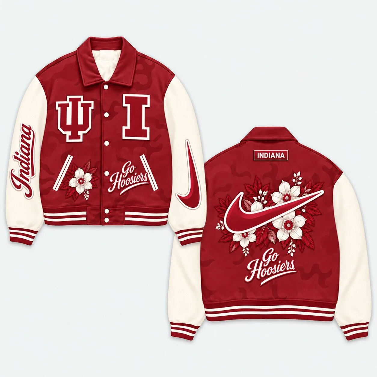 Indiana Hoosiers Floral Design Red and Cream Varsity Jacket