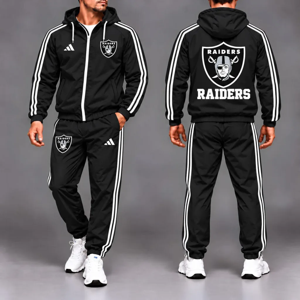 Las Vegas Raiders NFL Football Team Black Full-Zip Hoodie Tracksuit Set Las Vegas Raiders NFL Football Team Black Full-Zip Hoodie Tracksuit Set
