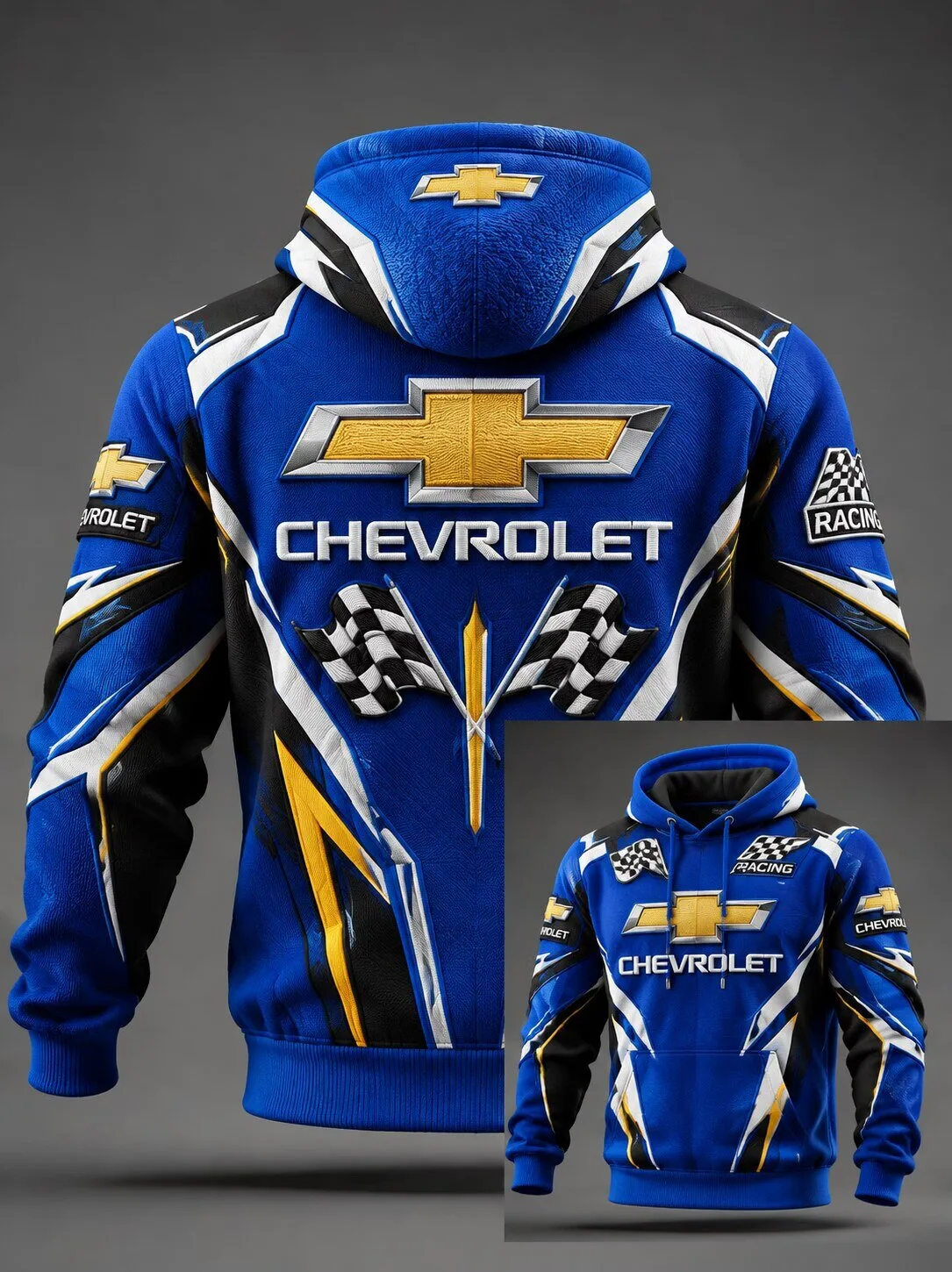 Chevrolet Racing Blue Color Block Graphic Drawstring Hoodie With Kangaroo Pocket