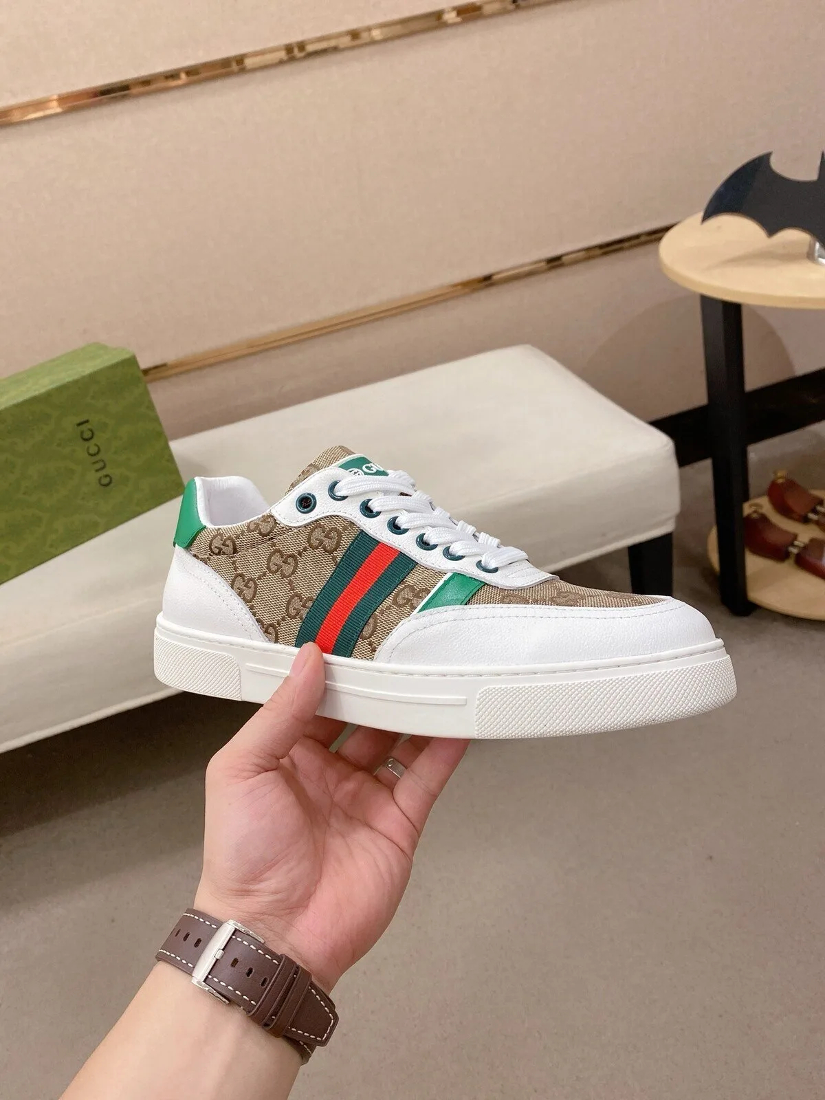 Gucci Monogram Canvas White Leather Low Top Sneakers for Men and Women
