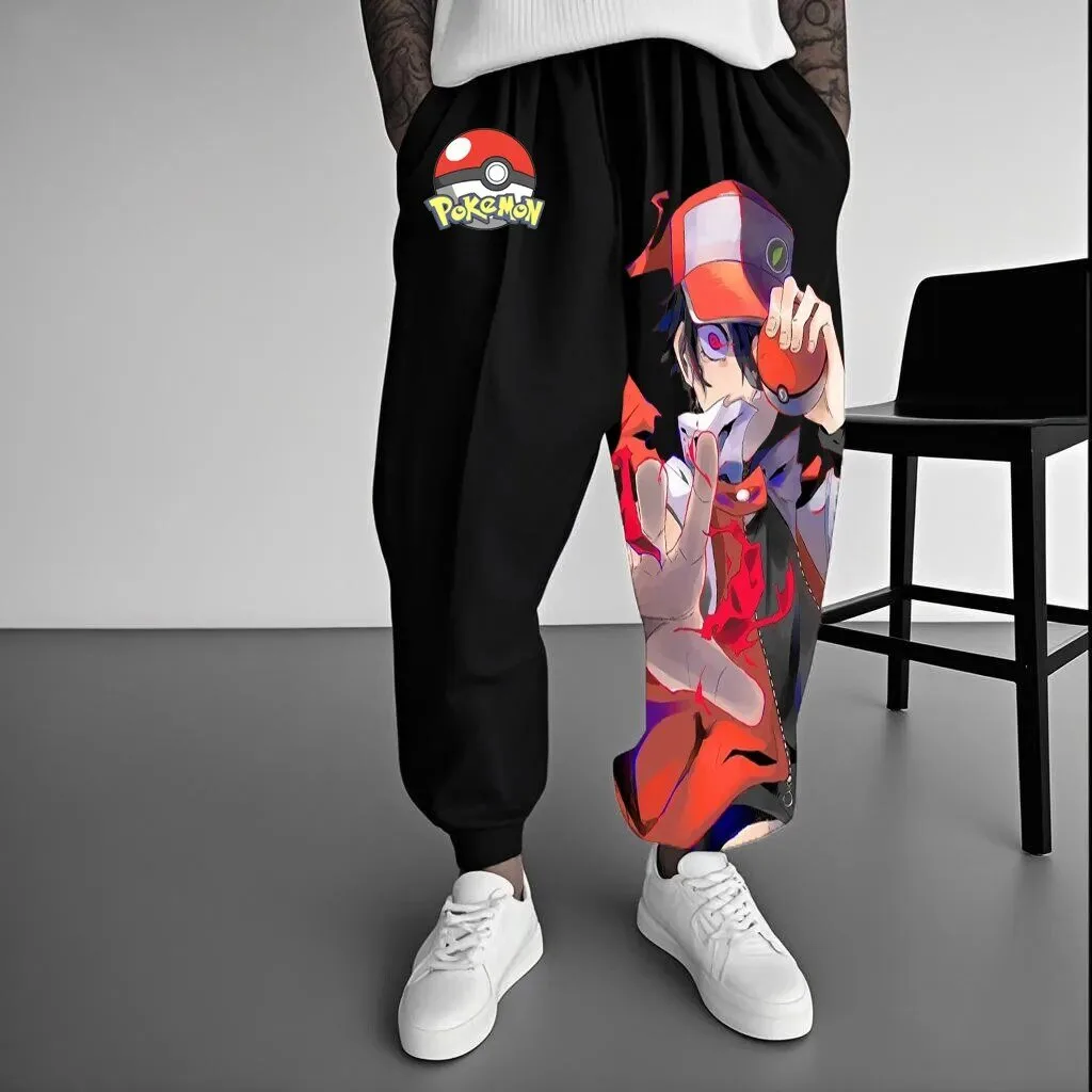 Pokemon Trainer Red Throwing Pokeball Anime Cartoon Black Jogger Pants