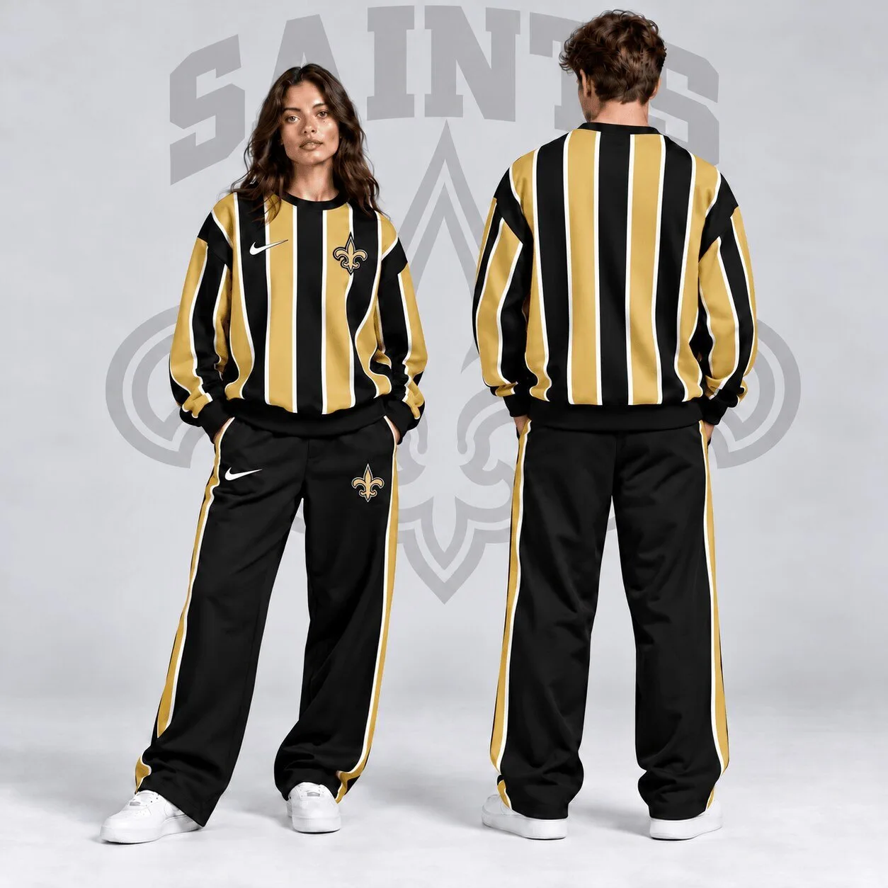 New Orleans Saints Vertical Stripe Black Gold Crewneck Sweatshirt