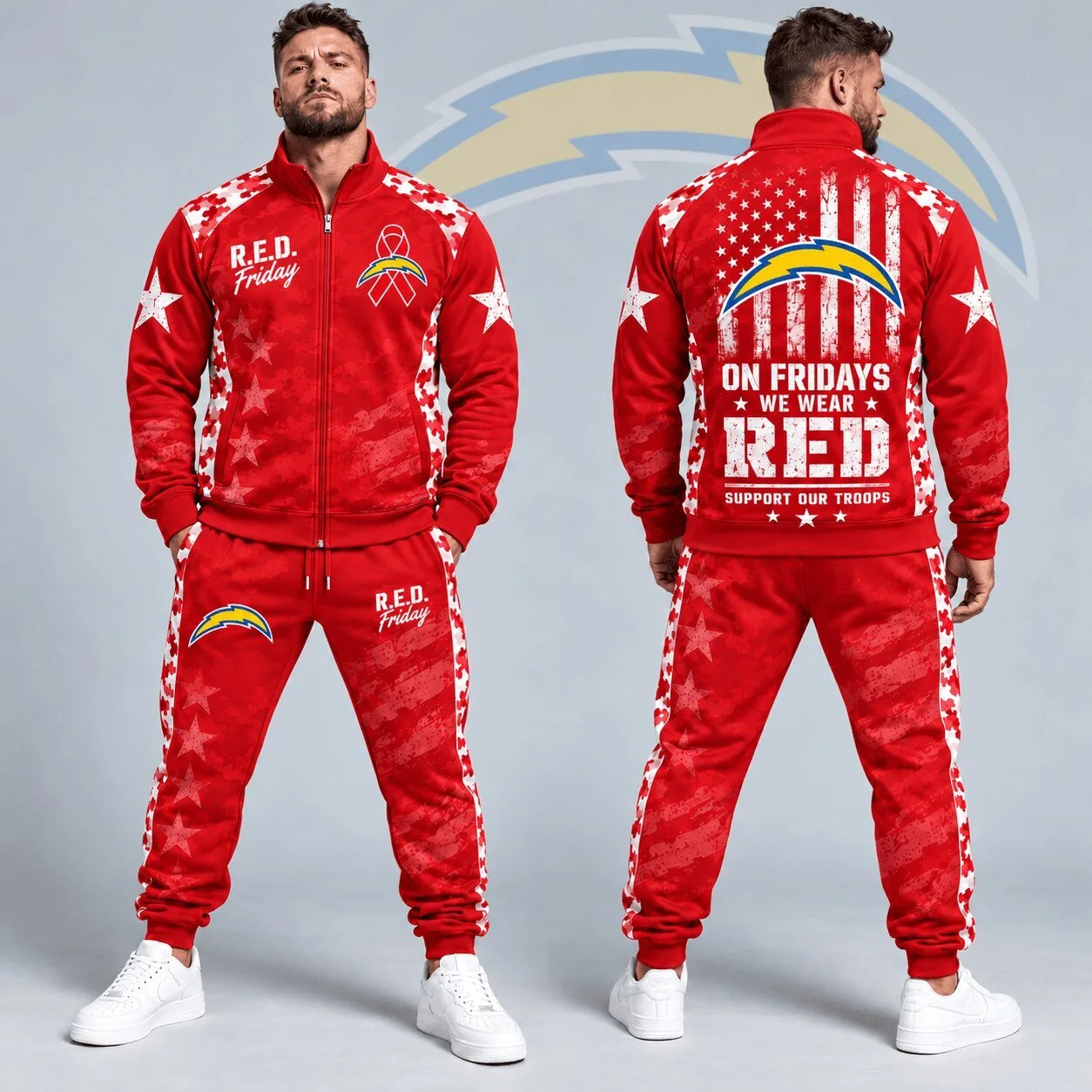 Los Angeles Chargers R.E.D. Friday Military Camouflage Stars and Stripes Jacket 1 Los Angeles Chargers R.E.D. Friday Military Camouflage Stars and Stripes Jacket