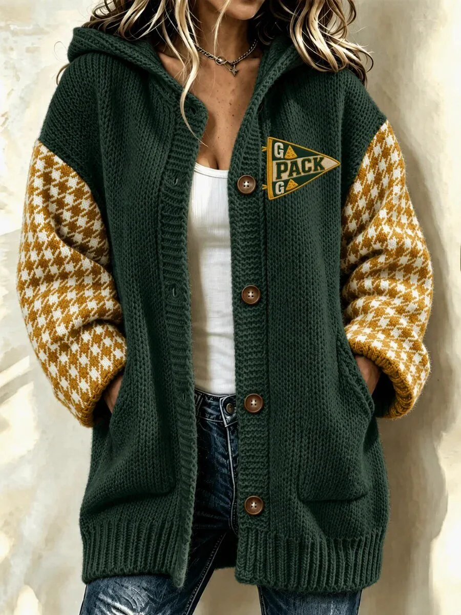 Green Bay Packers Houndstooth Sleeve Hooded Cardigan for Women