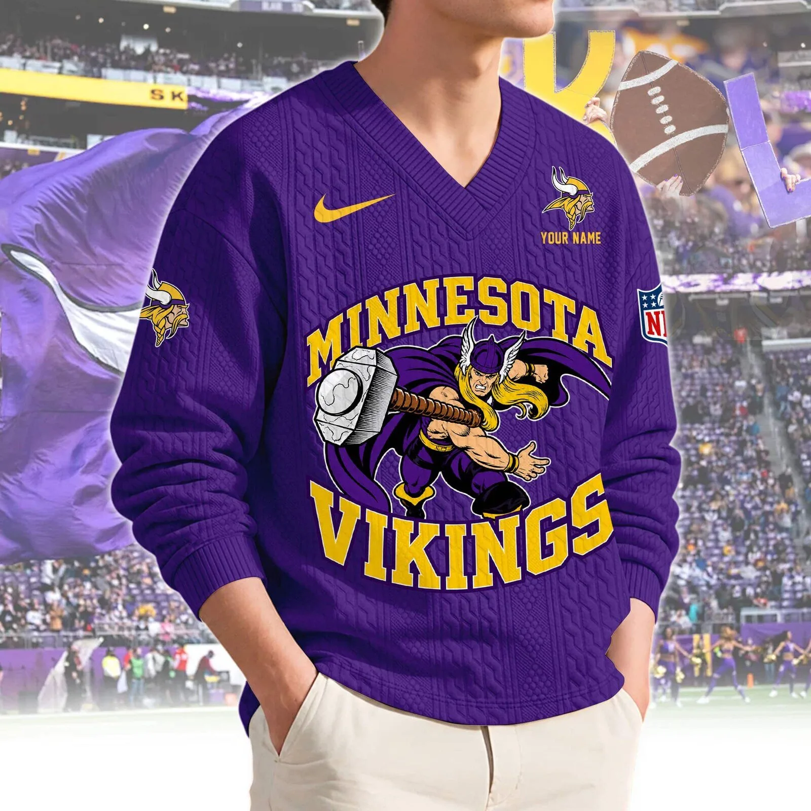 Minnesota Vikings Thor Character Purple V-Neck Knit Sweater