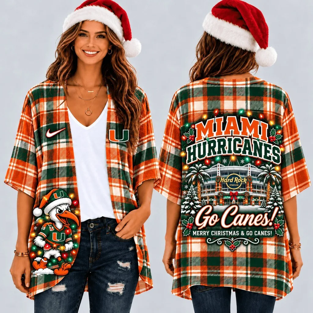 Miami Hurricanes Christmas Plaid Women's Kimono Cardigan Miami Hurricanes Christmas Plaid Women's Kimono Cardigan