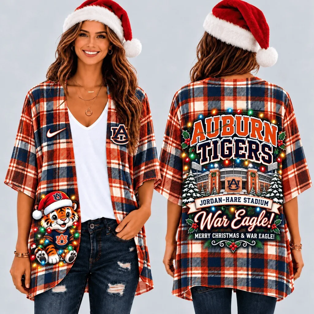 Auburn Tigers Christmas Plaid Jordan-Hare Stadium War Eagle Kimono Cardigan Auburn Tigers Christmas Plaid Jordan-Hare Stadium War Eagle Kimono Cardigan