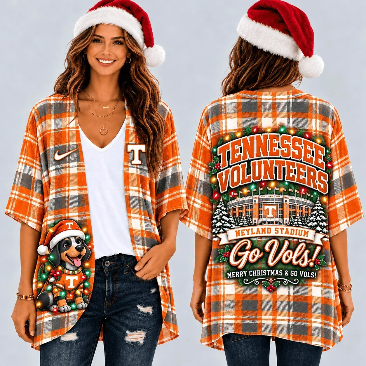 Tennessee Volunteers Christmas Plaid Women's Kimono Cardigan with Neyland Stadium 1 tennessee volunteers christmas plaid women s kimono cardigan with neyland stadium featured