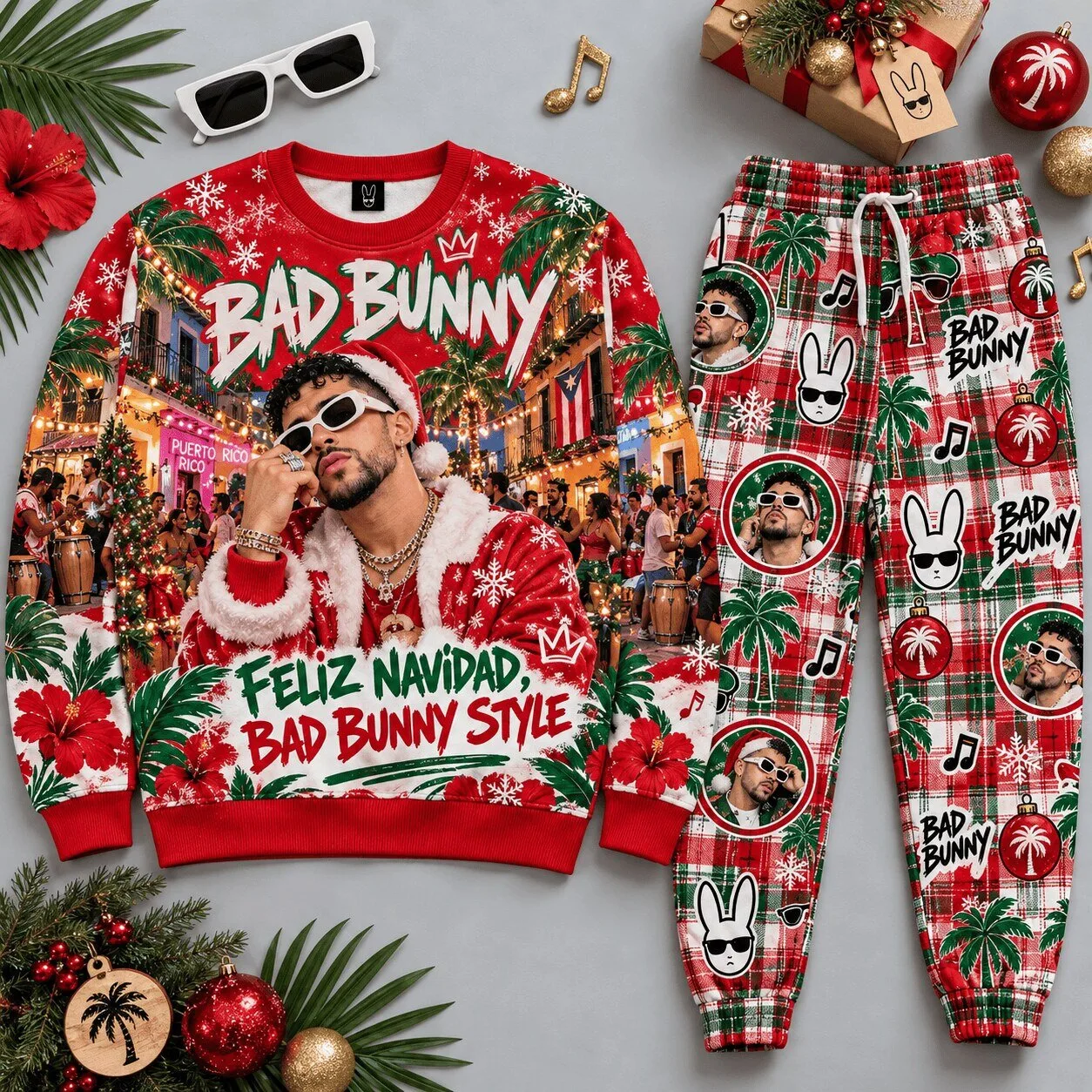 Bad Bunny Feliz Navidad Style Christmas Holiday Crewneck Sweatshirt and Pants Set