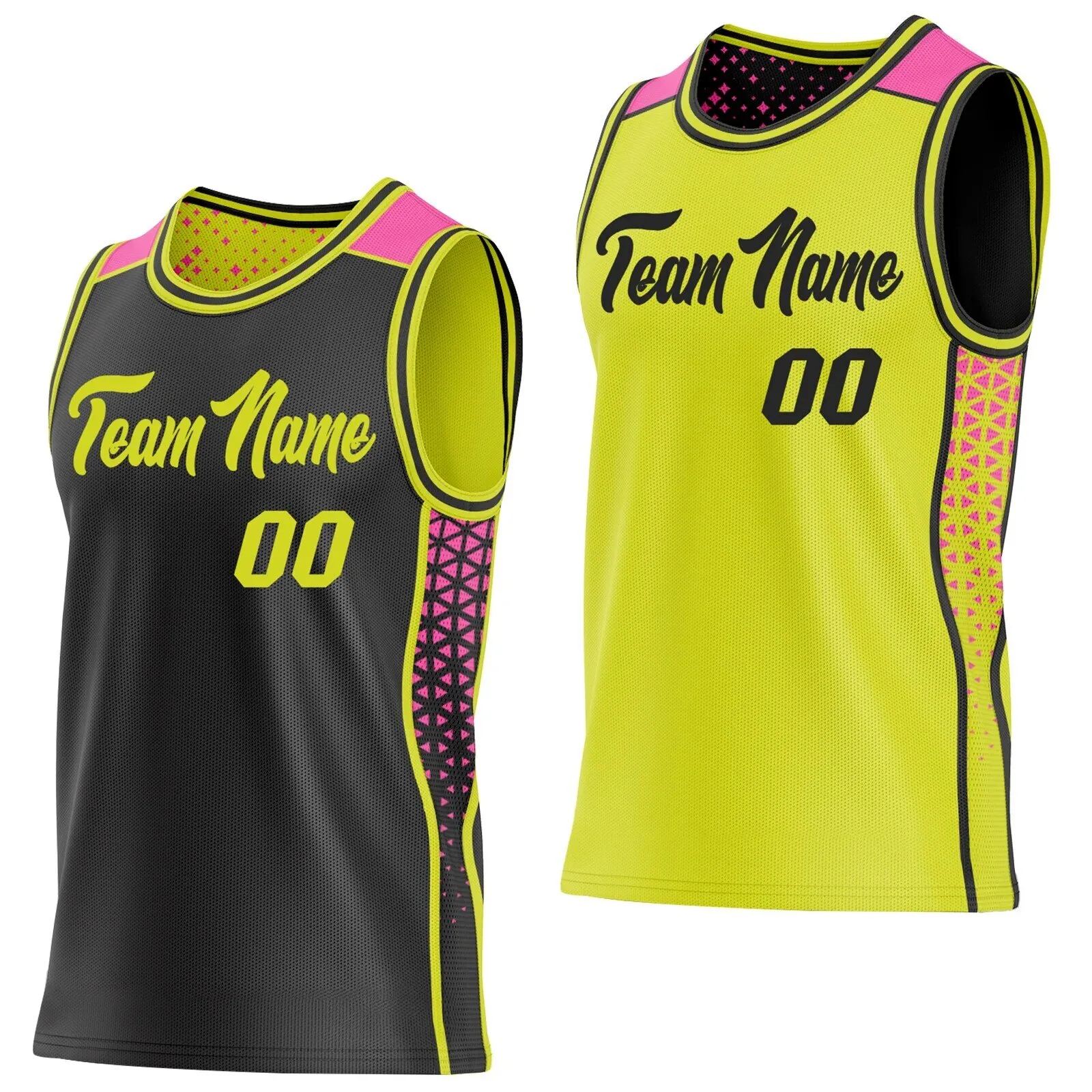 Custom Reversible Black Neon Yellow Pink Basketball Jersey with Geometric Triangles