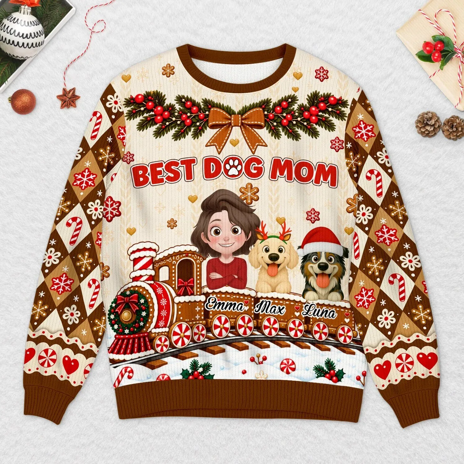 Best Dog Mom Christmas Train Personalized Ugly Sweater