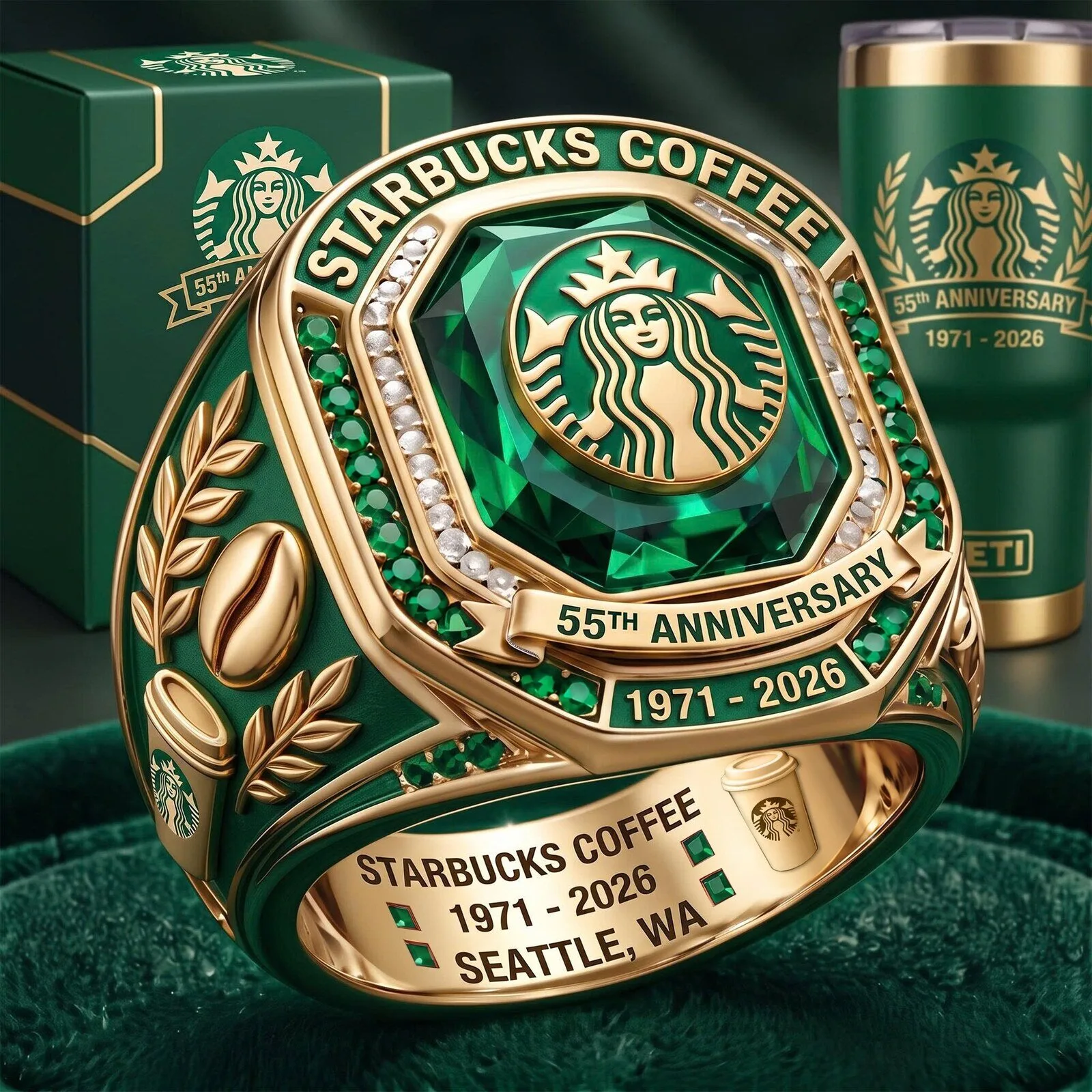Starbucks Coffee 55th Anniversary Emerald Gold Ring with Diamond Accents