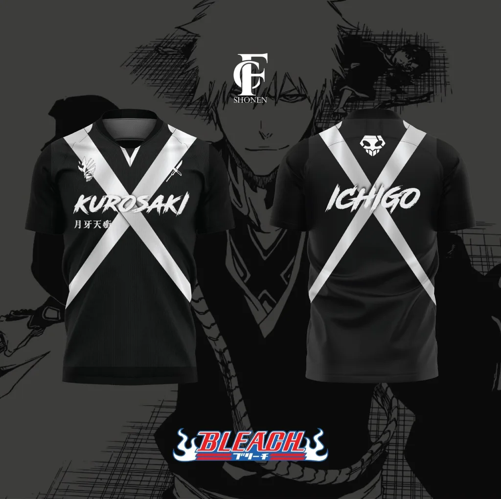 Bleach Ichigo Kurosaki Anime Manga Black and White Soccer Jersey Bleach Ichigo Kurosaki Anime Manga Black and White Soccer Jersey