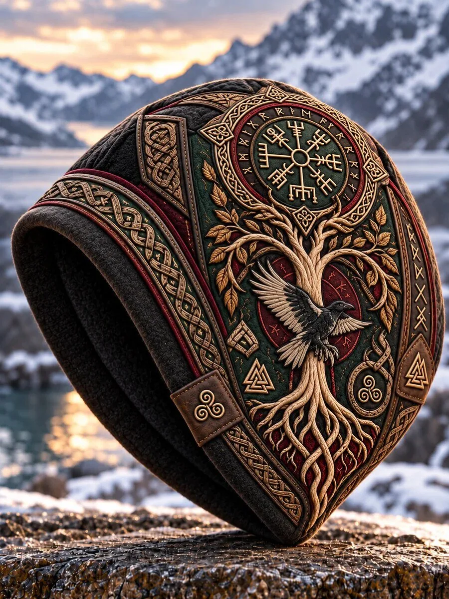 Viking Yggdrasil Tree of Life Raven Vegvisir Runic Compass Knit Beanie Hat