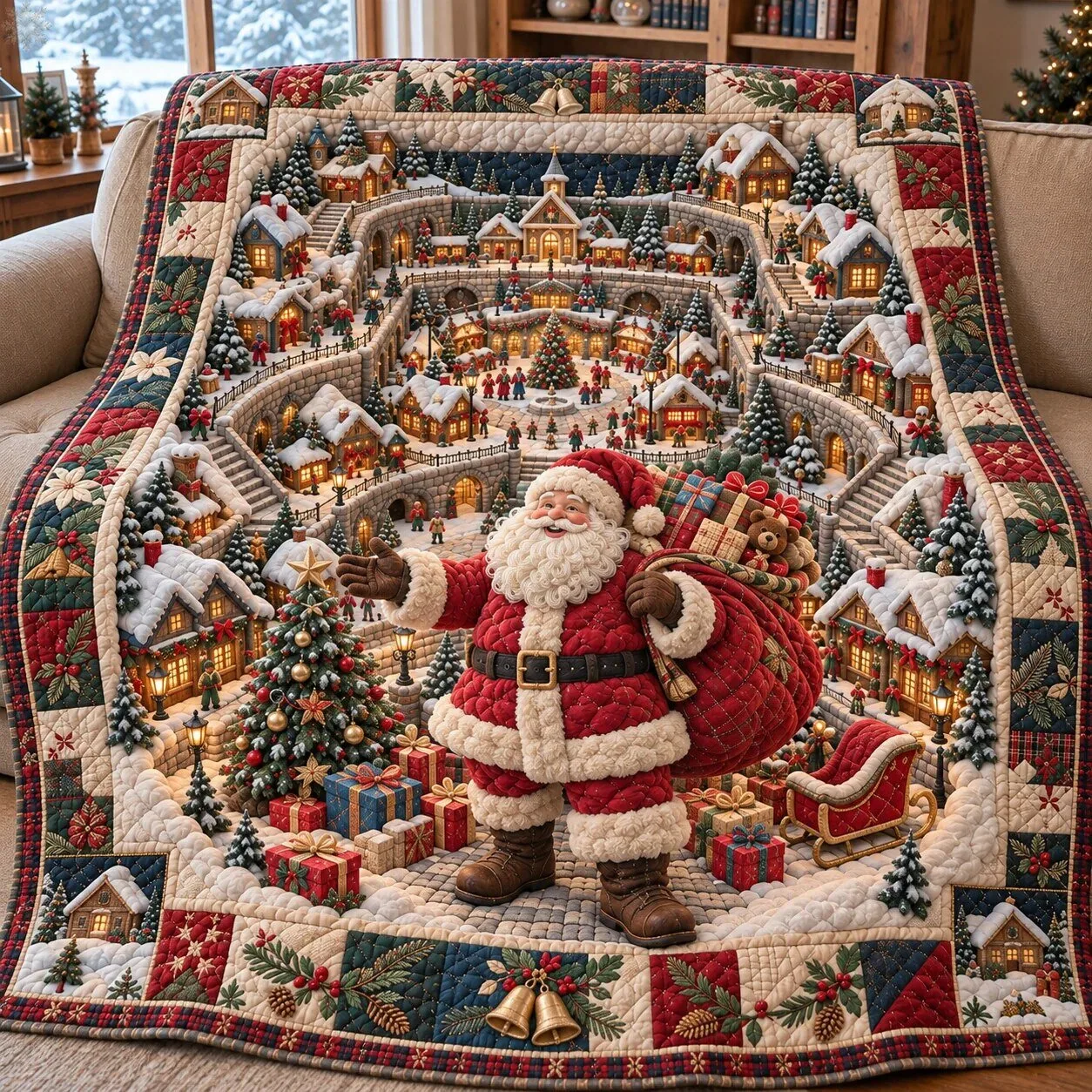 Santa Claus Magical Christmas Village Quilted Blanket