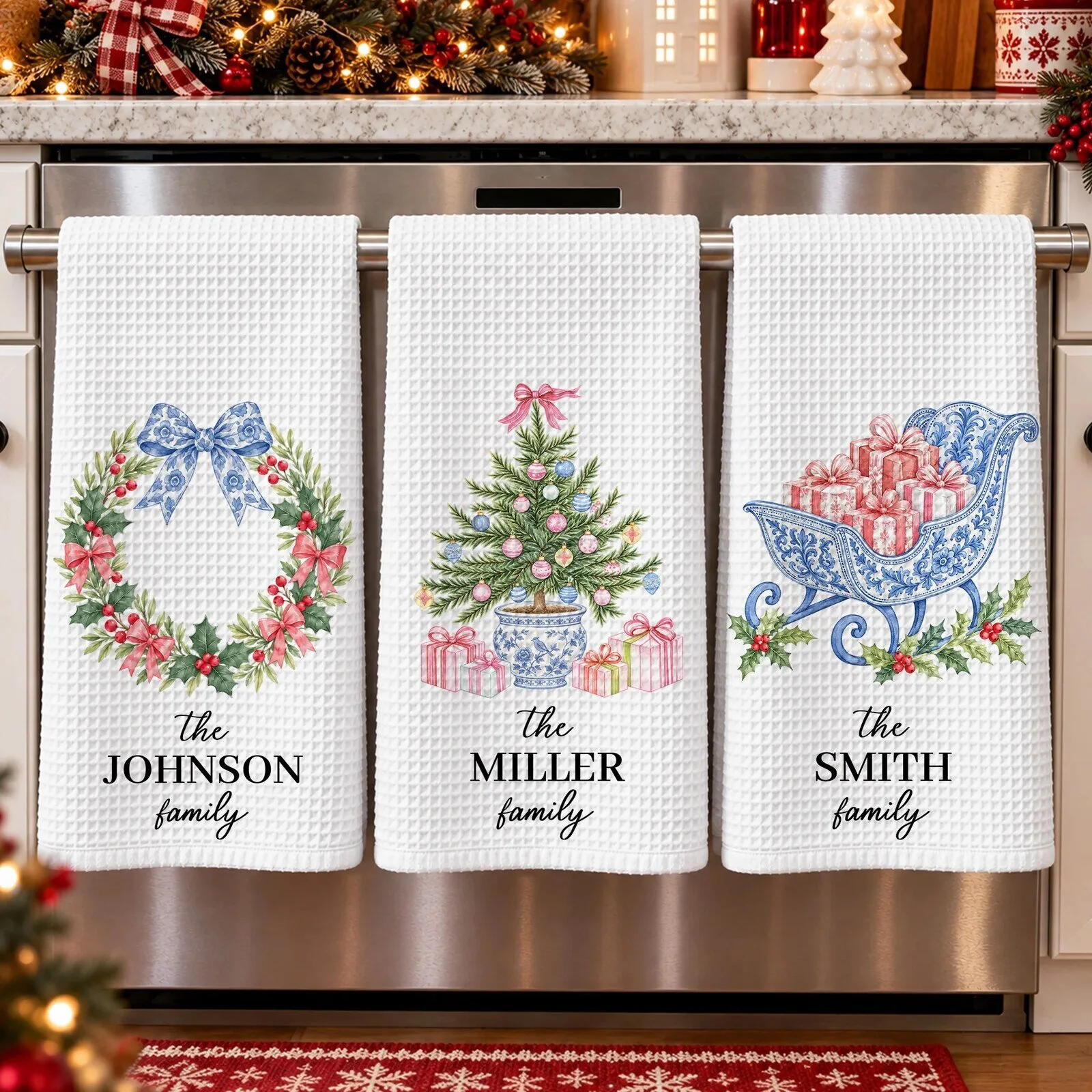 Personalized Christmas Wreath Tree Sleigh Family Name Kitchen Towel Set