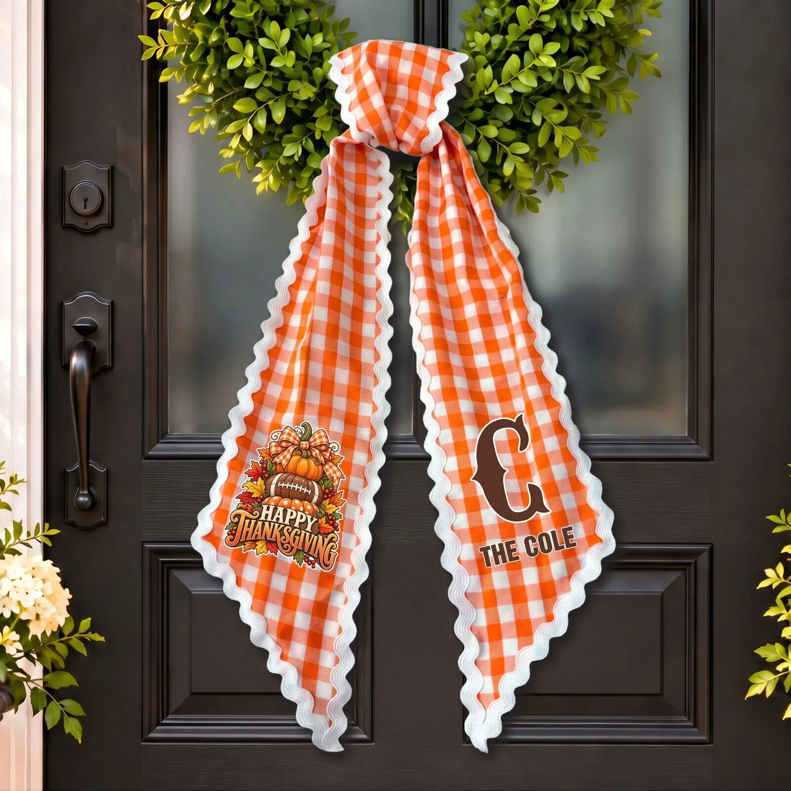 Happy Thanksgiving Football Pumpkin Fall Season Personalized Wreath Sash